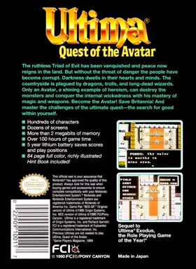 Ultima - Quest of the Avatar (USA) box cover back